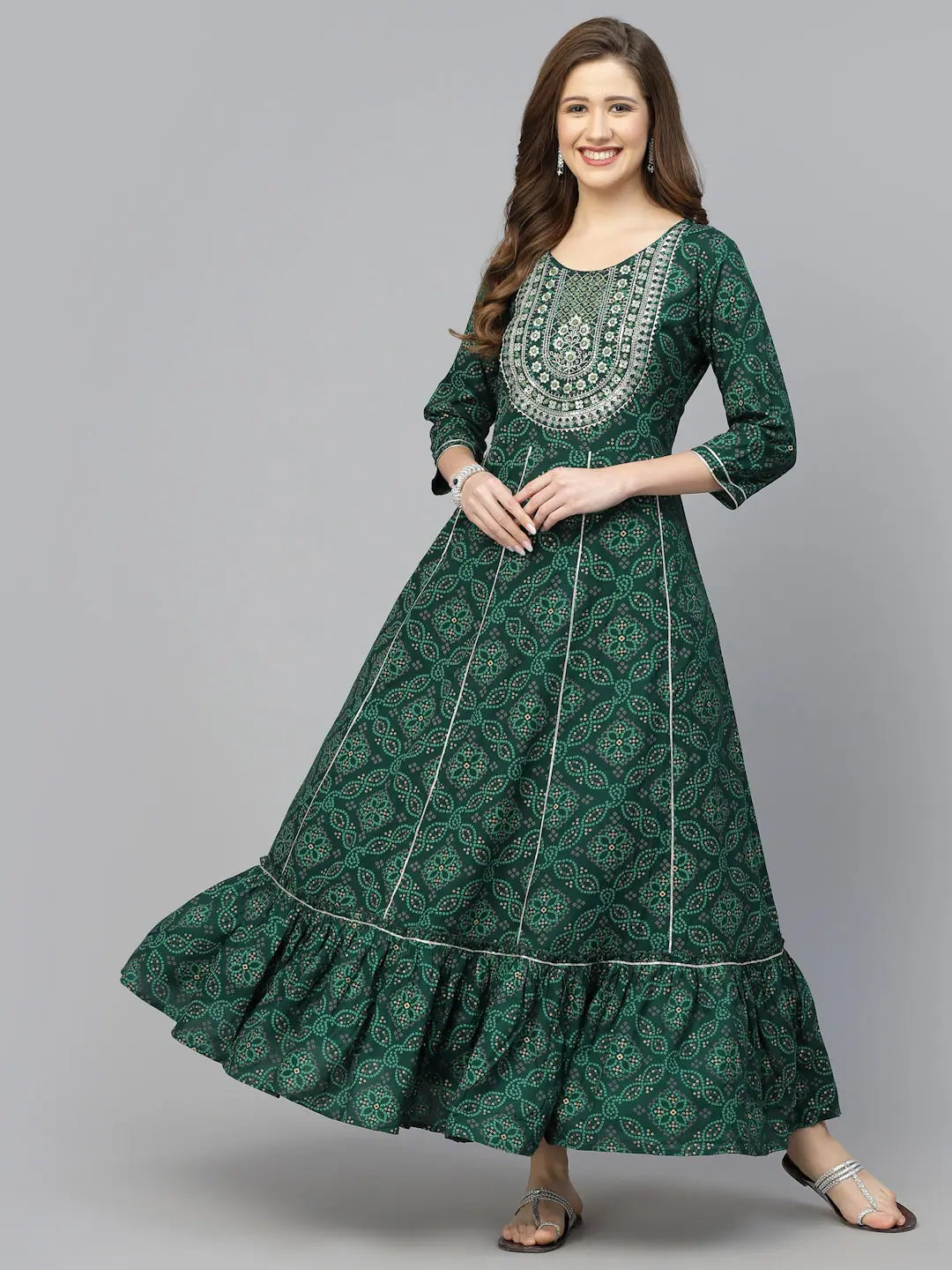 Green Bandhani Anarkali Kurta - Embroidered Rayon Kurti for Women