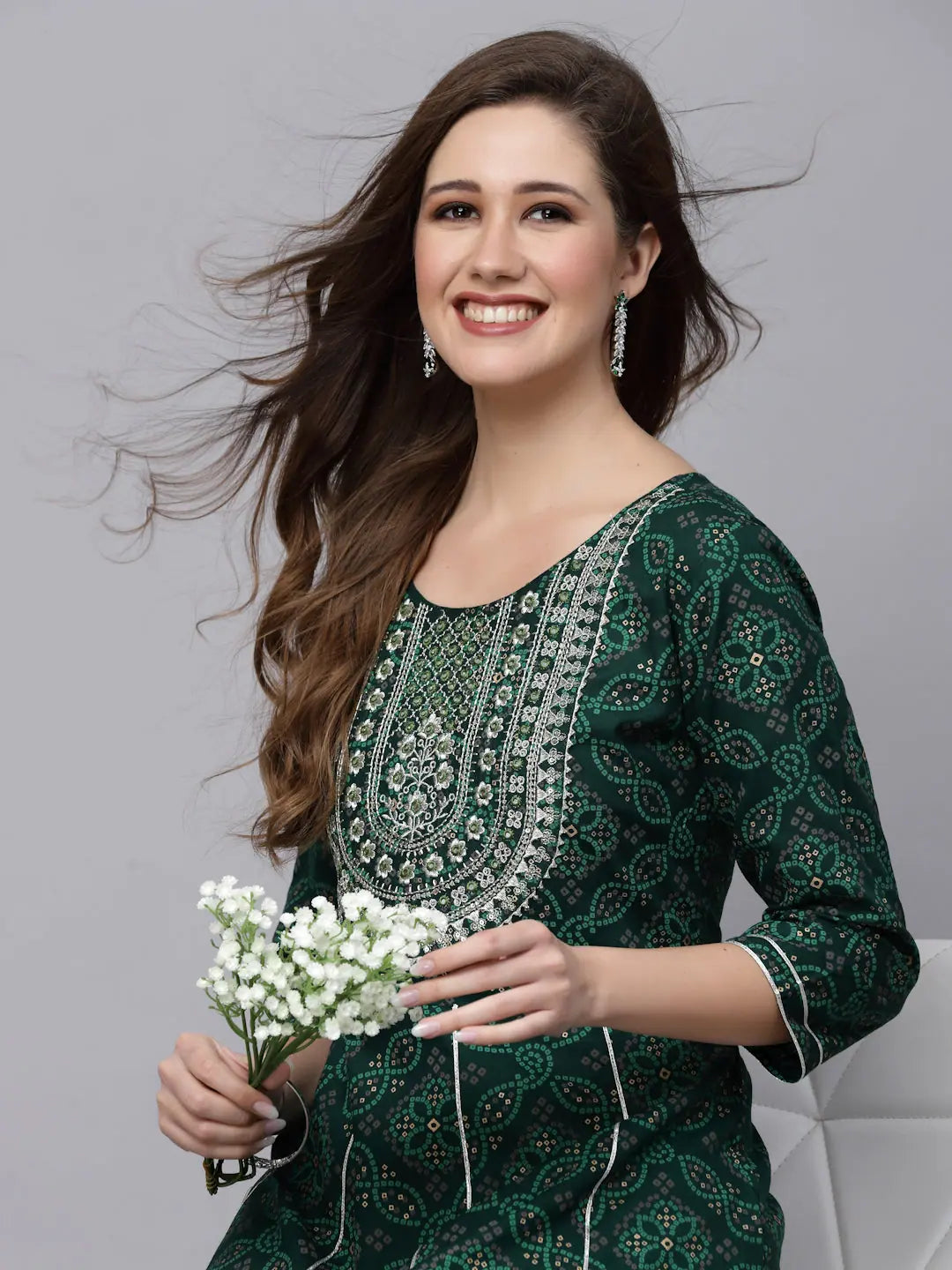 Green Bandhani Anarkali Kurta - Embroidered Rayon Kurti for Women