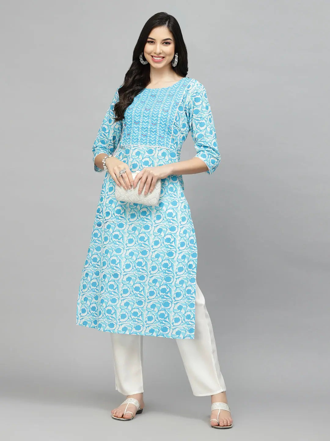 Floral Printed Indian Kurta for Women - Cotton Slub Kurta