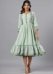 Women Sage Green Rayon Printed Jacket Style Midi Dress