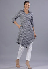 Women Blue Rayon Printed Asymmetric Kurta