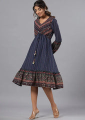 Women Navy Blue Georgette Printed Midi Dress