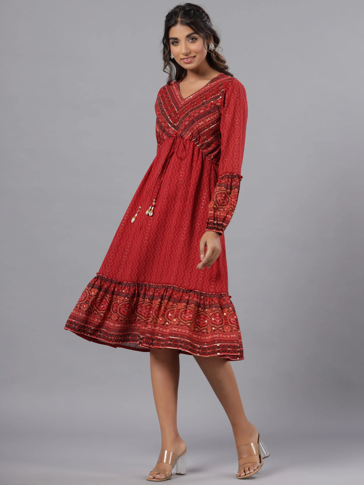 Women Rust Georgette Printed Midi Dress