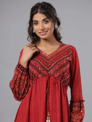 Women Rust Georgette Printed Midi Dress