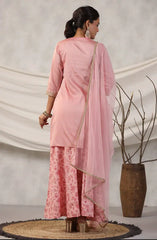 Women Peach Embroidered Kurta, Pants and Dupatta Set