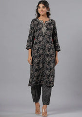 Women Black Rayon Slub Printed with Embroidered Kurta and Pants Set