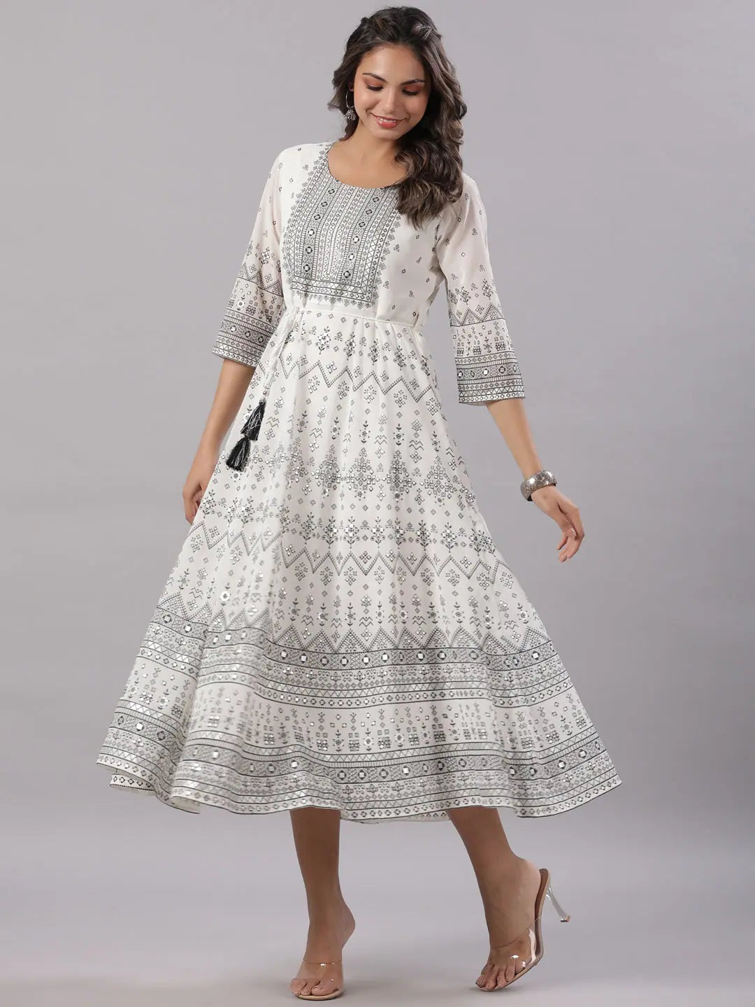 Women Off-White Georgette Flared Maxi Dress