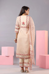 Women Ecru Muslin Floral Printed Kurta, Pants and Dupatta Set