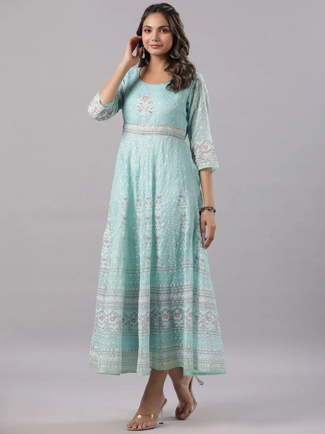 Sky Blue Printed Maxi Dress- Indian Dresses Online & More!