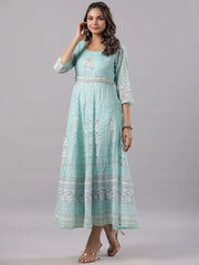 Women Sky Blue Chiffon Dobby Printed Maxi Dress