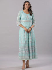 Women Sky Blue Chiffon Dobby Printed Maxi Dress