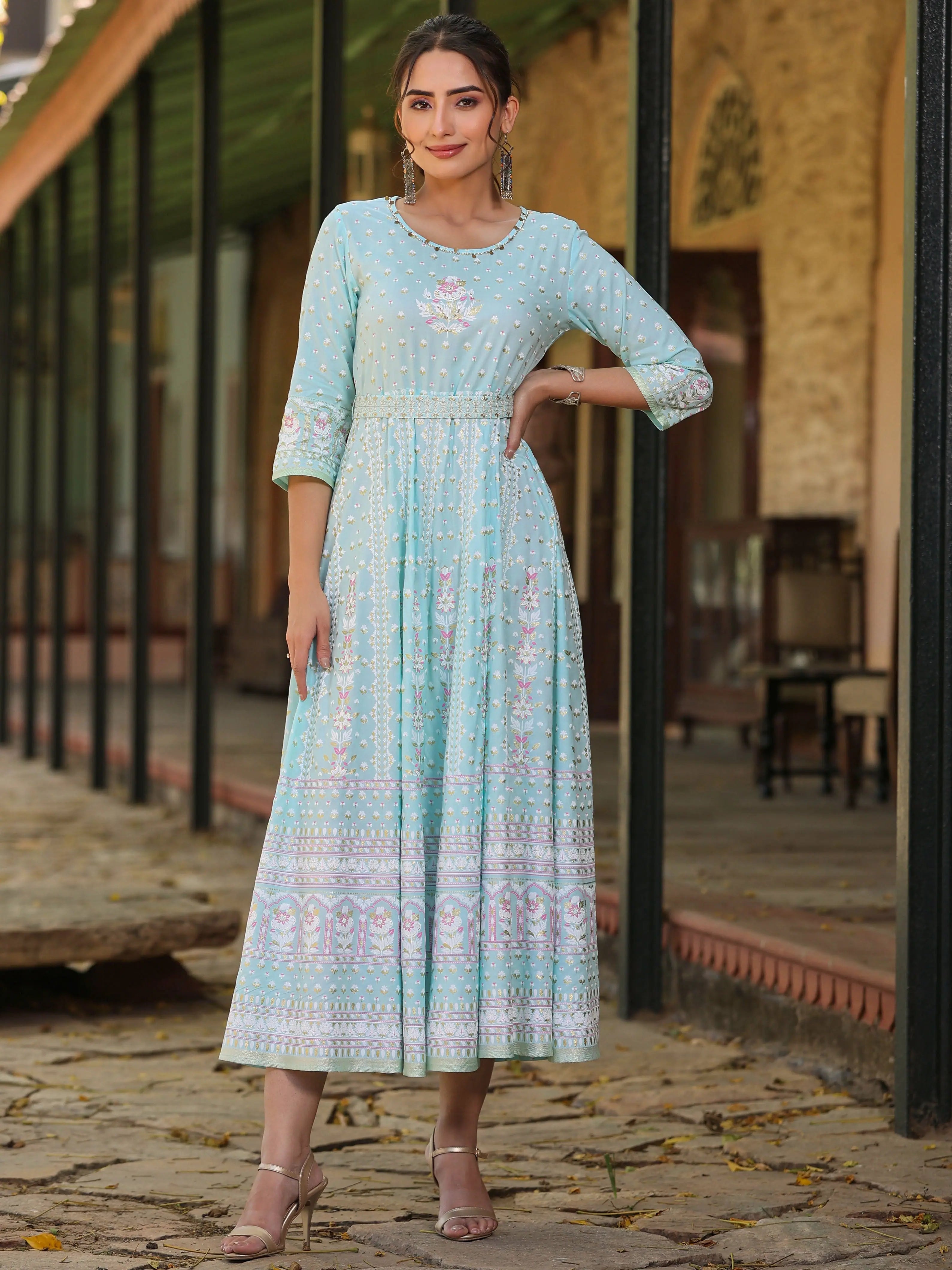 maxi indian dresses for women Blue Printed Anarkali Maxi Dress