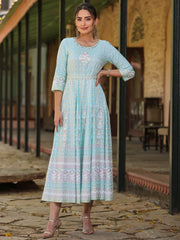 Women Sky Blue Rayon Staple Printed Maxi Dress