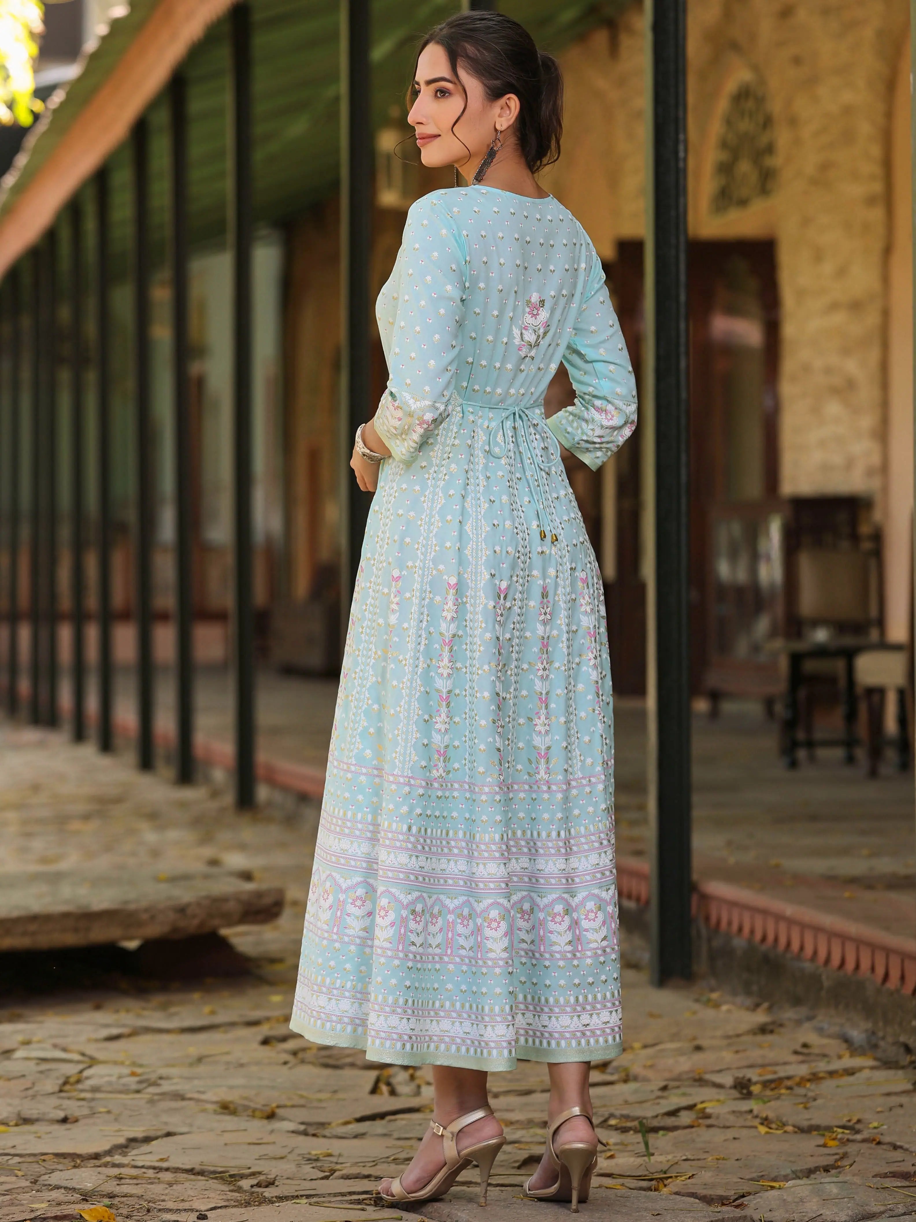 Sky Blue Printed Maxi Dress - Indian Dresses Online Shop