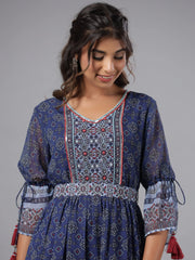 Women Navy Blue Georgette Geometric Printed Tiered Maxi Dress