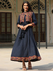 Women Blue Rayon Printed Maxi Dress with Short Jacket