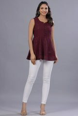 Women Wine Georgette Embroidered Peplum Tunic