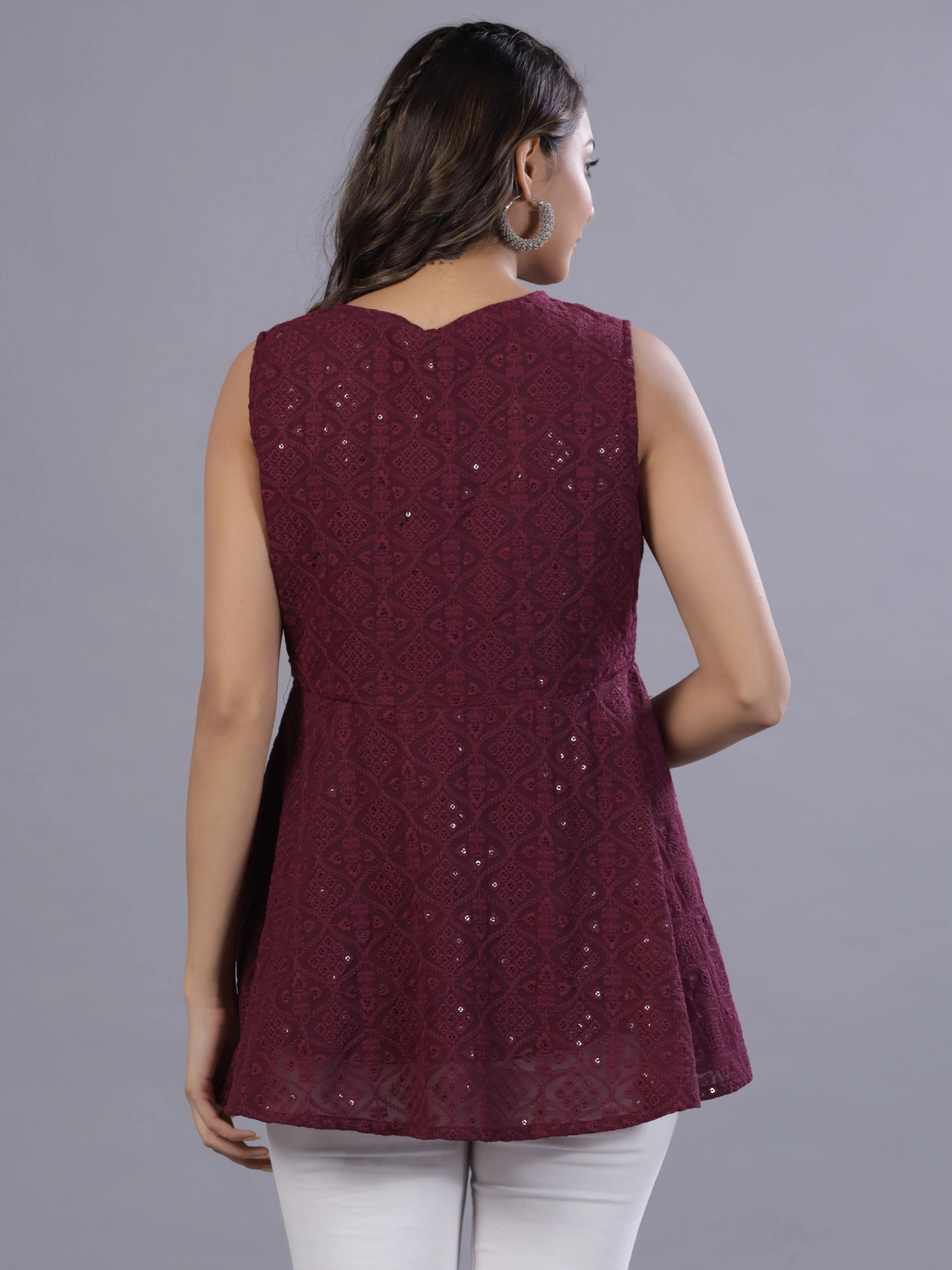 Wine Georgette Embroidered Peplum Tunic | Women's Shirts