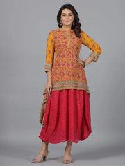 Women Mustard Georgette Printed Draped Maxi Dress