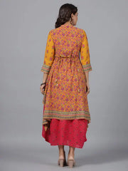 Women Mustard Georgette Printed Draped Maxi Dress