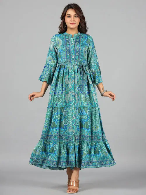 Women Blue Kasturi Silk Printed Tiered Maxi Dress