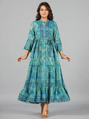 Women Blue Kasturi Silk Printed Tiered Maxi Dress