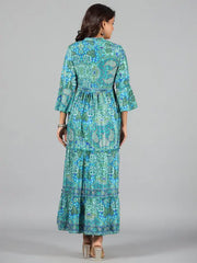 Women Blue Kasturi Silk Printed Tiered Maxi Dress