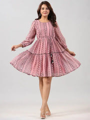 Women Peach Georgette Printed Short Tiered Dress