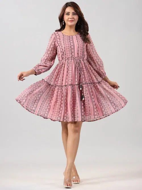 Women Peach Georgette Printed Short Tiered Dress