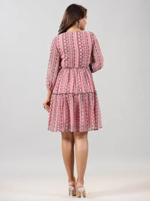 Peach Printed Tiered Dress - Trendy Western Outfits