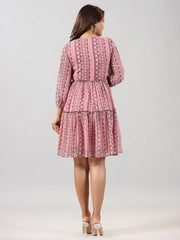 Women Peach Georgette Printed Short Tiered Dress