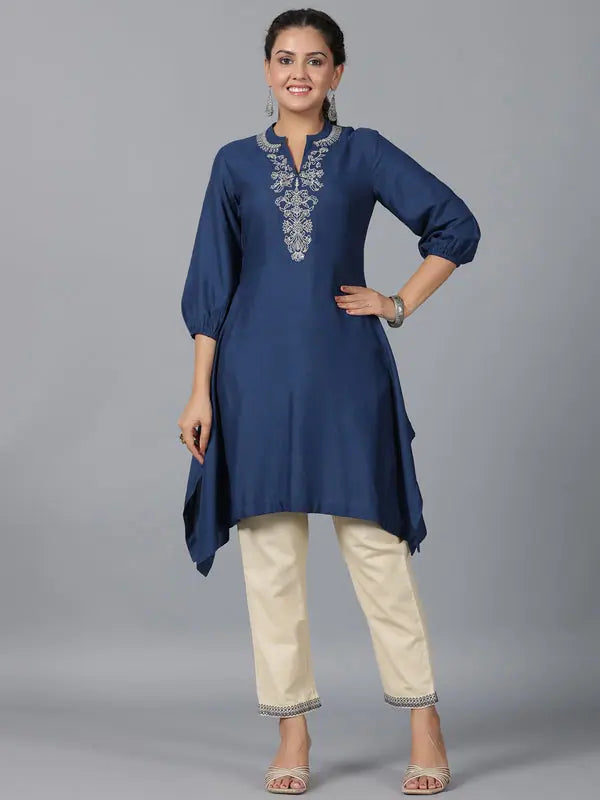 Women Navy Blue Rayon Embroidered Asymmetric Kurta & Pants Set