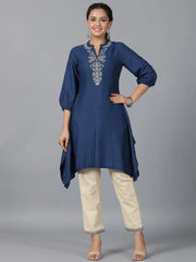 Women Navy Blue Rayon Embroidered Asymmetric Kurta & Pants Set