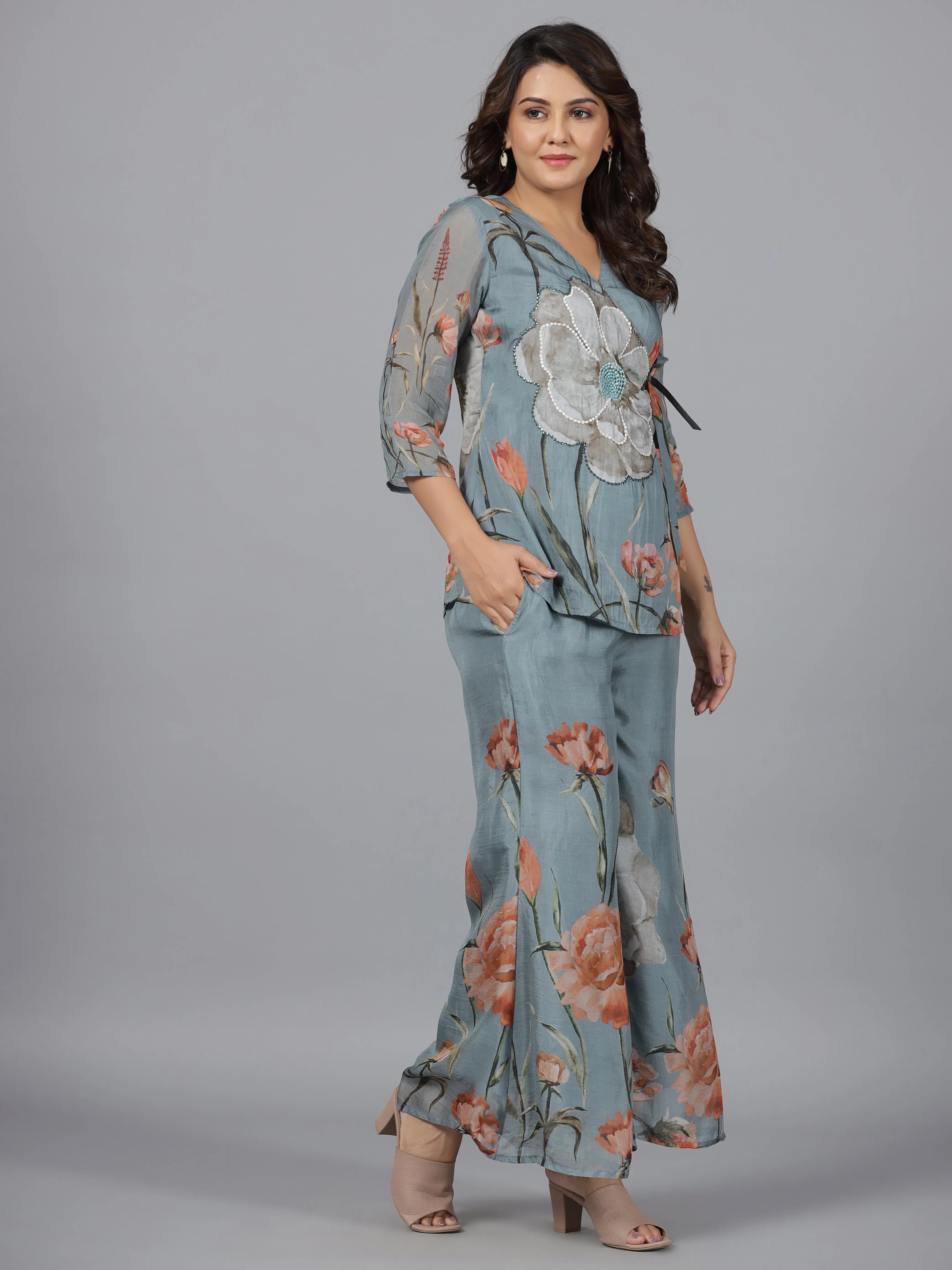 Grey Printed Silk Jumpsuit: Formal Jumpsuit Outfits for Women