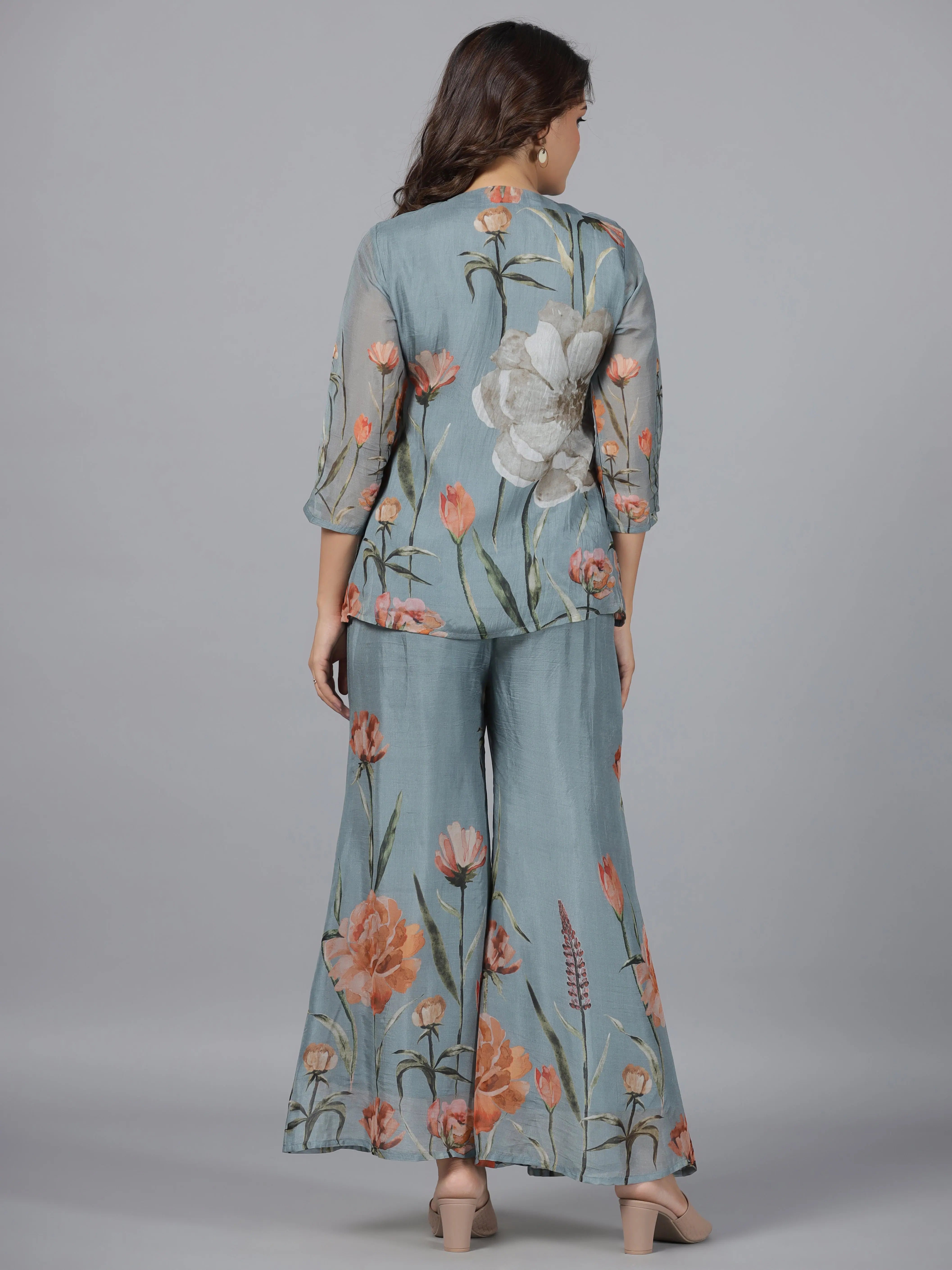 Grey Printed Silk Jumpsuit: Formal Jumpsuit Outfits for Women