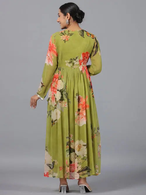 Green Printed Georgette Maxi Dress | Indian Cotton Dresses Online Green Printed Georgette Maxi Dress | Indian Cotton Dresses Online