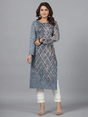 Women Blue Printed Polyester Kurta