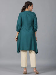 Women Teal Rayon Embroidered Asymmetric Kurta & Pants Set