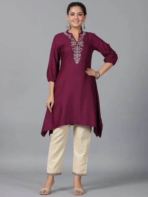 Maroon Embroidered Kurta Set: Indian Kurta for Women, Viscose