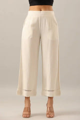 Women Off-White Rayon Flax Solid Palazzo