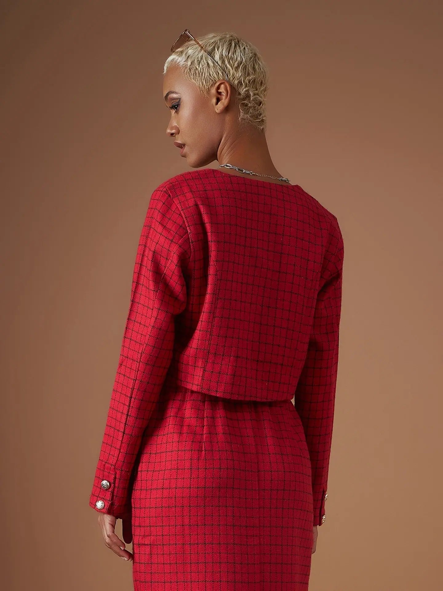 Red Check Tweed Top - Women's Western Wear | Chic Outfit