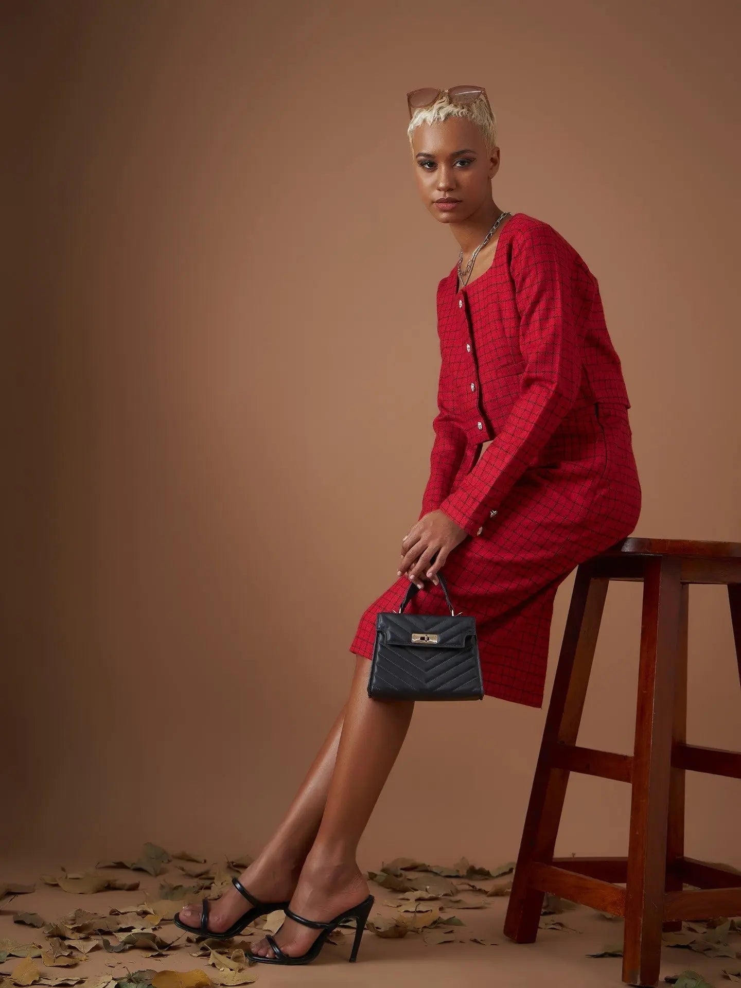 Red Check Tweed Top - Women's Western Wear | Chic Outfit