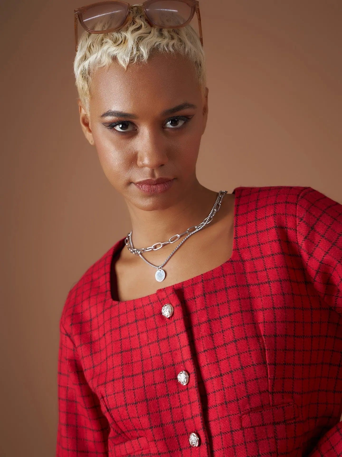 Red Check Tweed Top - Women's Western Wear | Chic Outfit