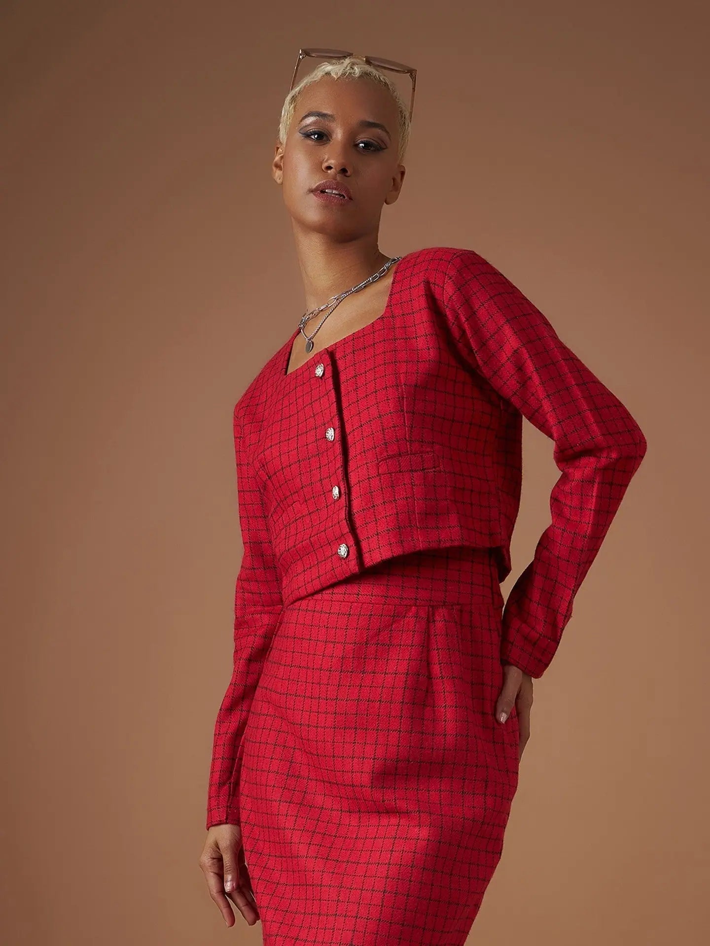 Red Check Tweed Top - Women's Western Wear | Chic Outfit