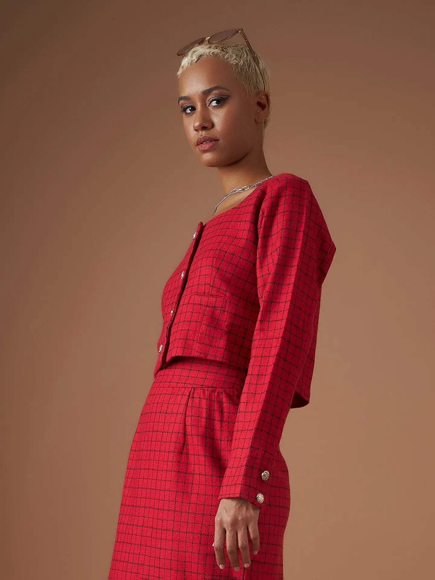 Red Check Tweed Top - Women's Western Wear | Chic Outfit