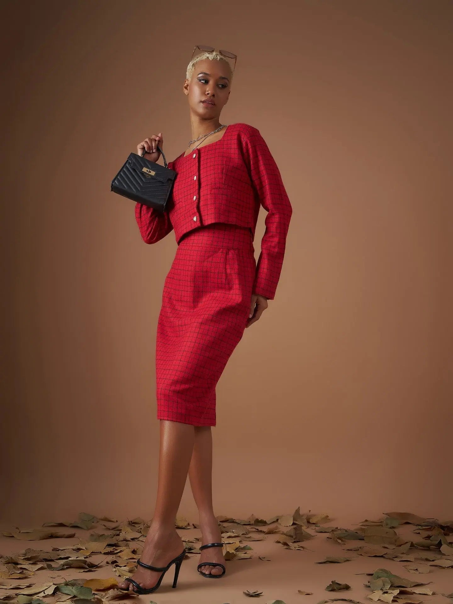 Red Check Tweed Top - Women's Western Wear | Chic Outfit