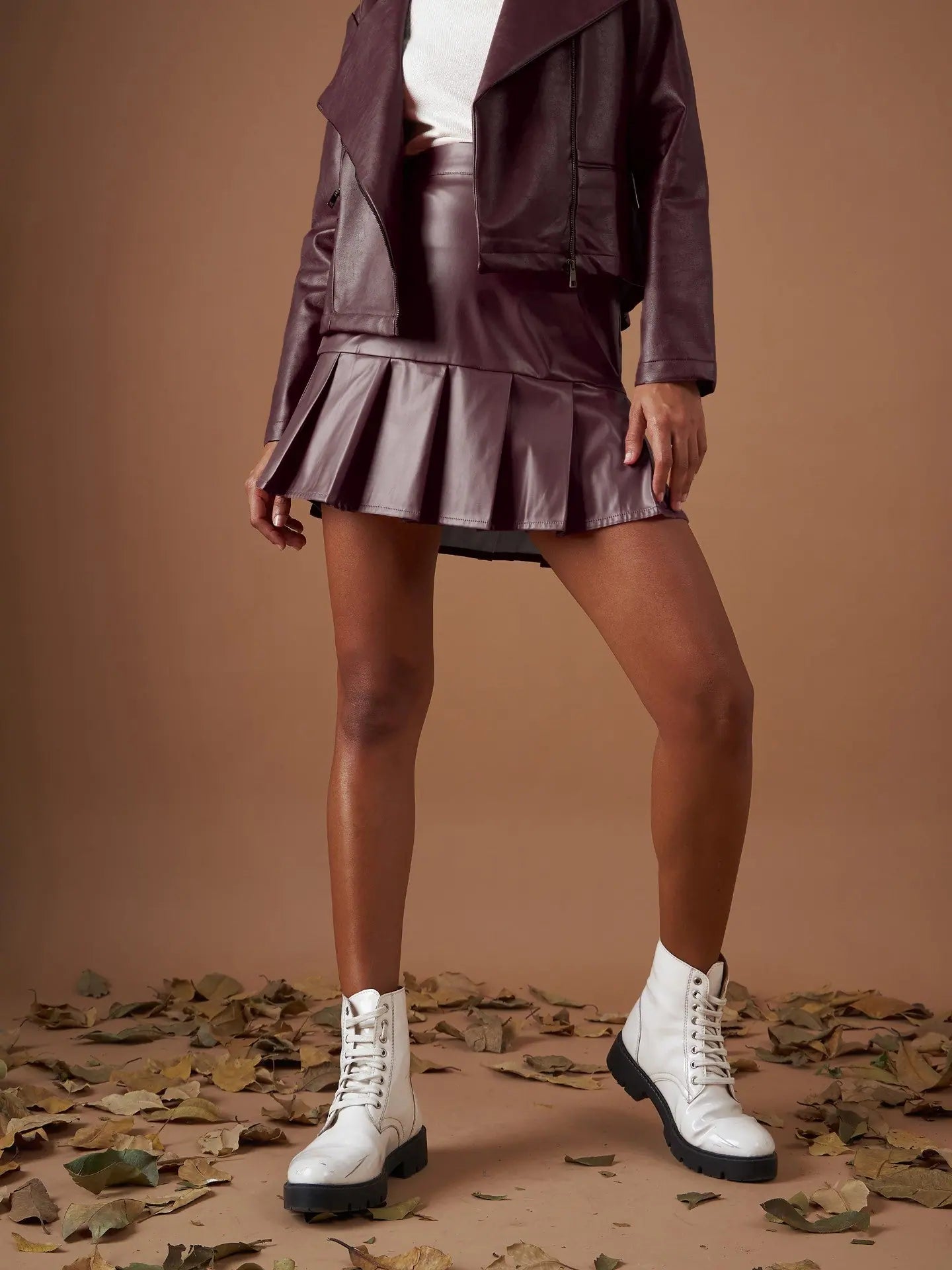 Maroon PU Pleated Mini Skirt | Women's Western Wear Outfits