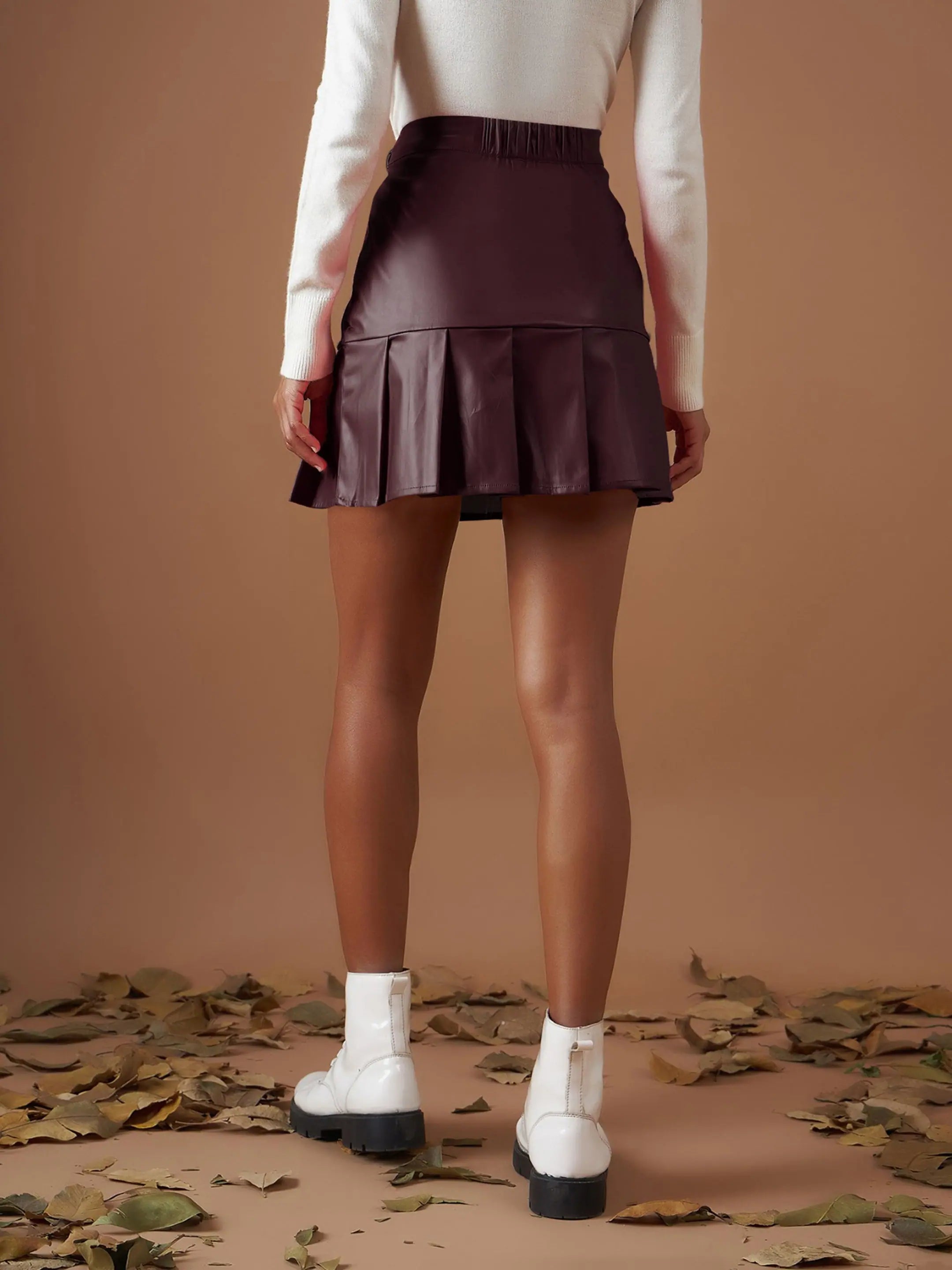 Maroon PU Pleated Mini Skirt | Women's Western Wear Outfits