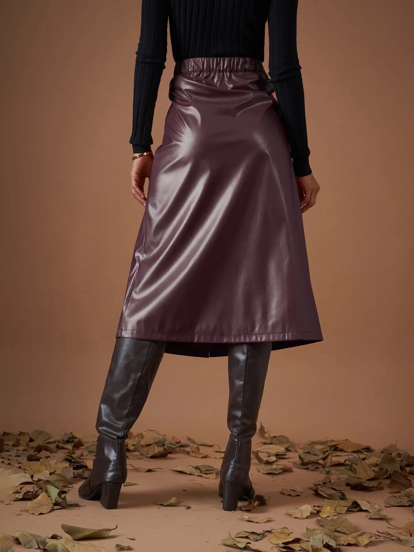 Maroon PU A-Line Skirt | Women's Skirts Below Knee Fashion