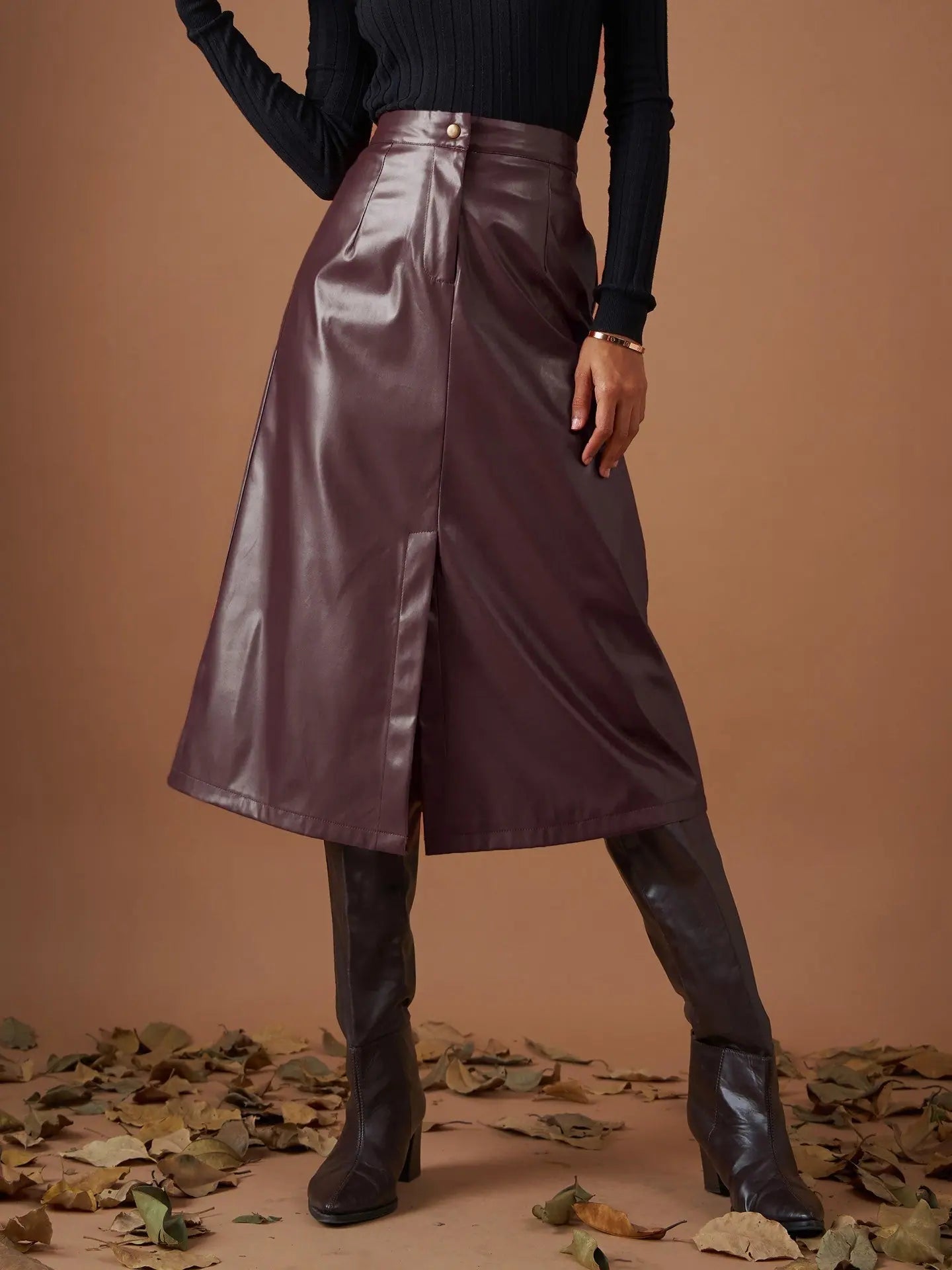 Maroon PU A-Line Skirt | Women's Skirts Below Knee Fashion